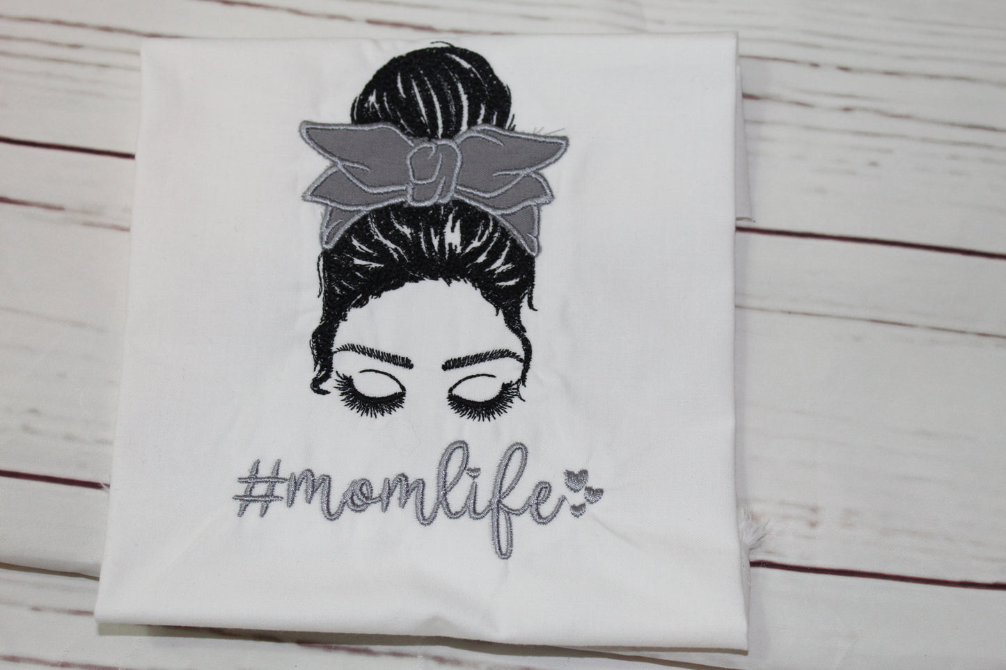 Mom Life Silhouette Braided Head Embroidered T-Shirt