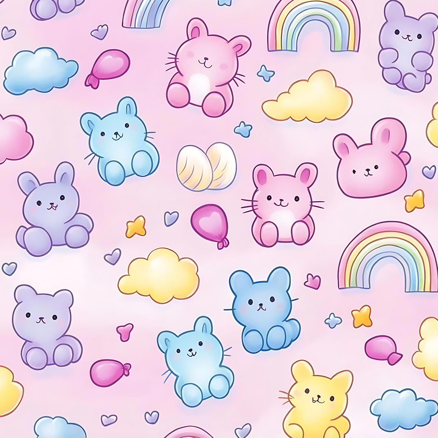 Kawaii Seamless Digital Paper | Pastel Chibi Animals, Rainbows, Clouds & Candy