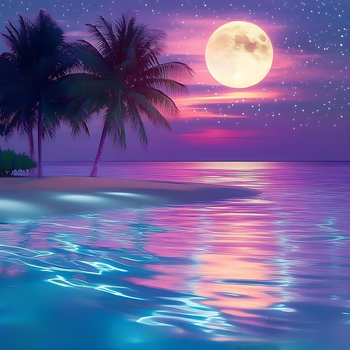 Tropical Beach at Night Digital Paper | Vaporwave Seamless Pattern with Neon Palm Trees, Pixel Waves & Grid Lines