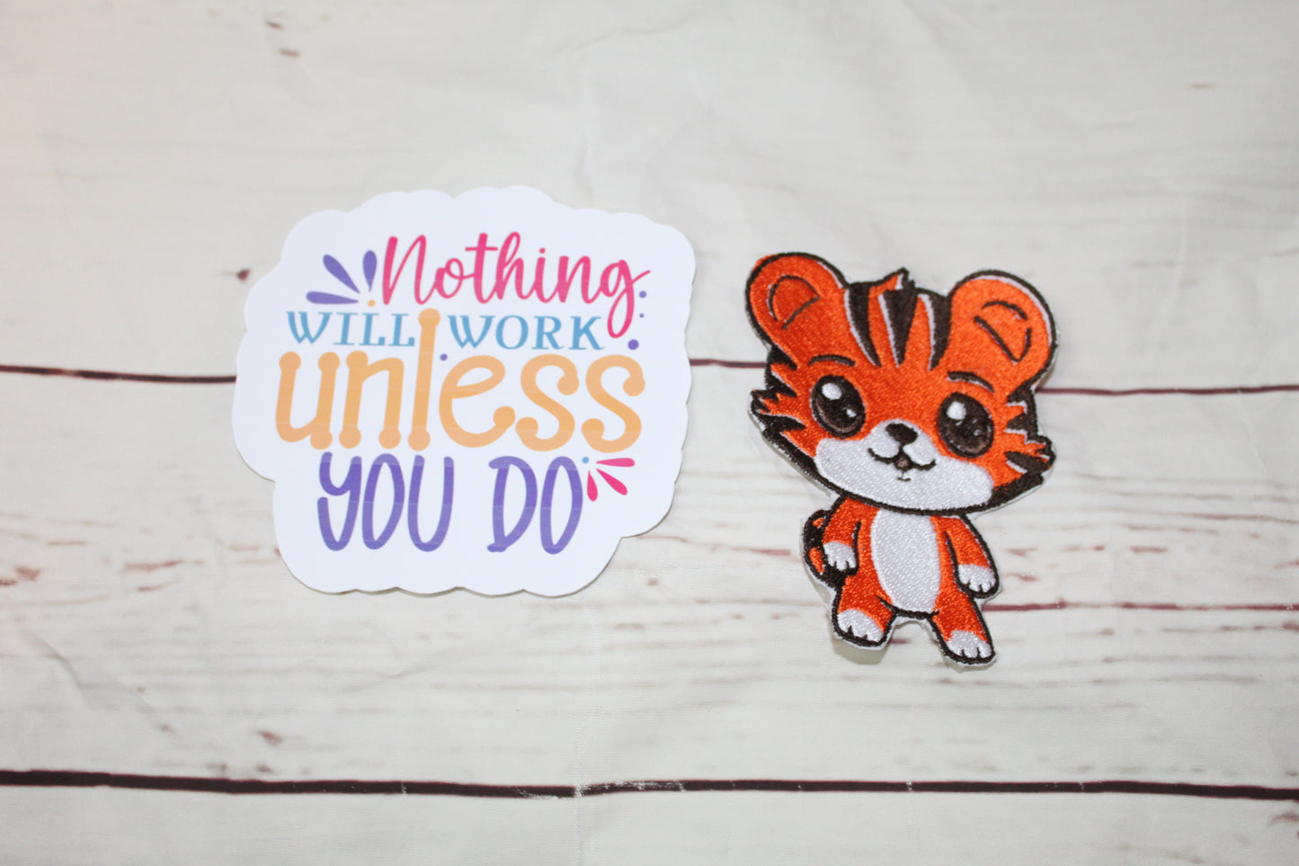 Kawaii Tiger Patch & Motivational Quote Sticker Bundle | Cute Iron-On Patches & Inspirational Stickers