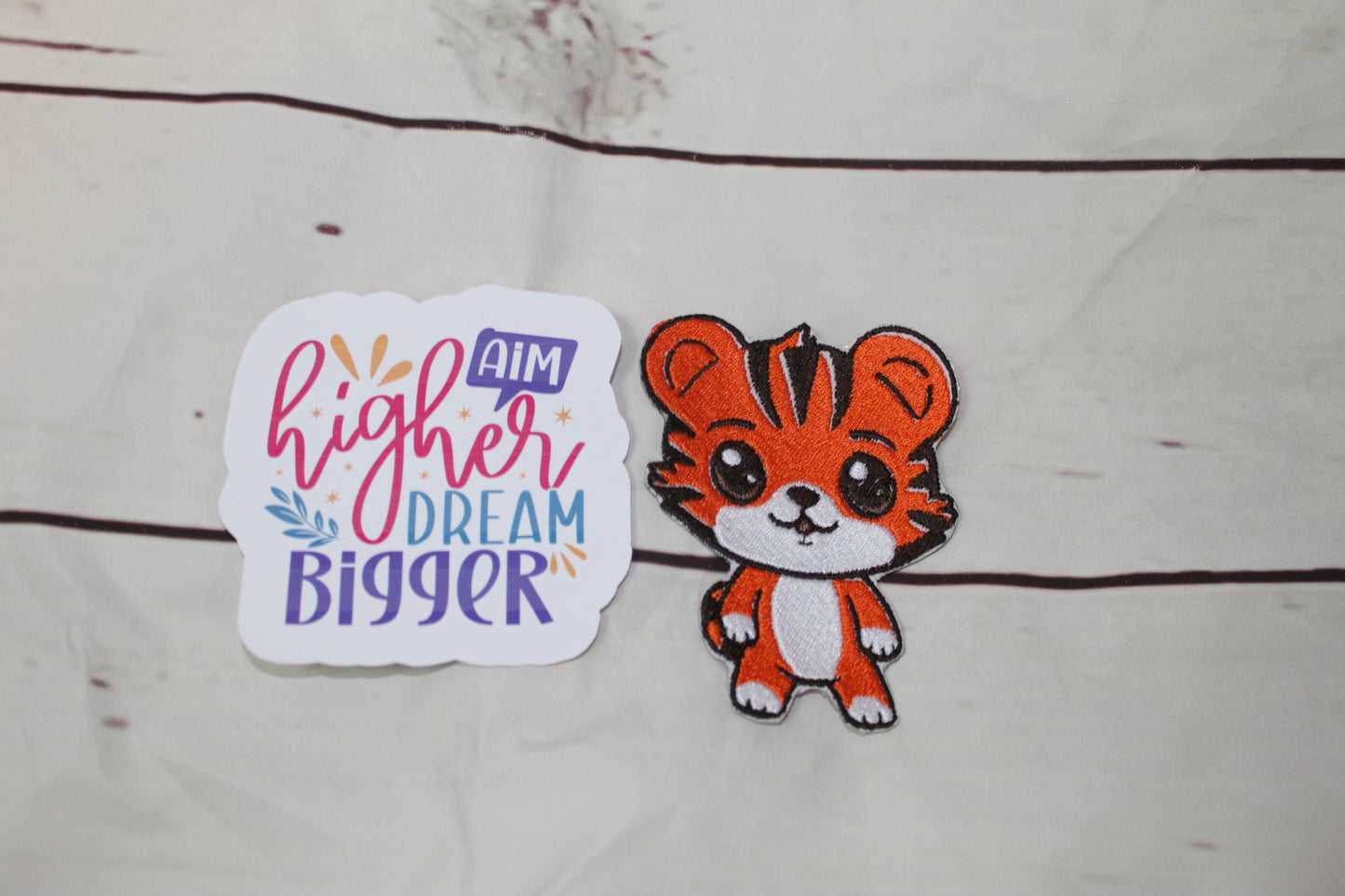 Kawaii Tiger Patch & Motivational Quote Sticker Bundle | Cute Iron-On Patches & Inspirational Stickers