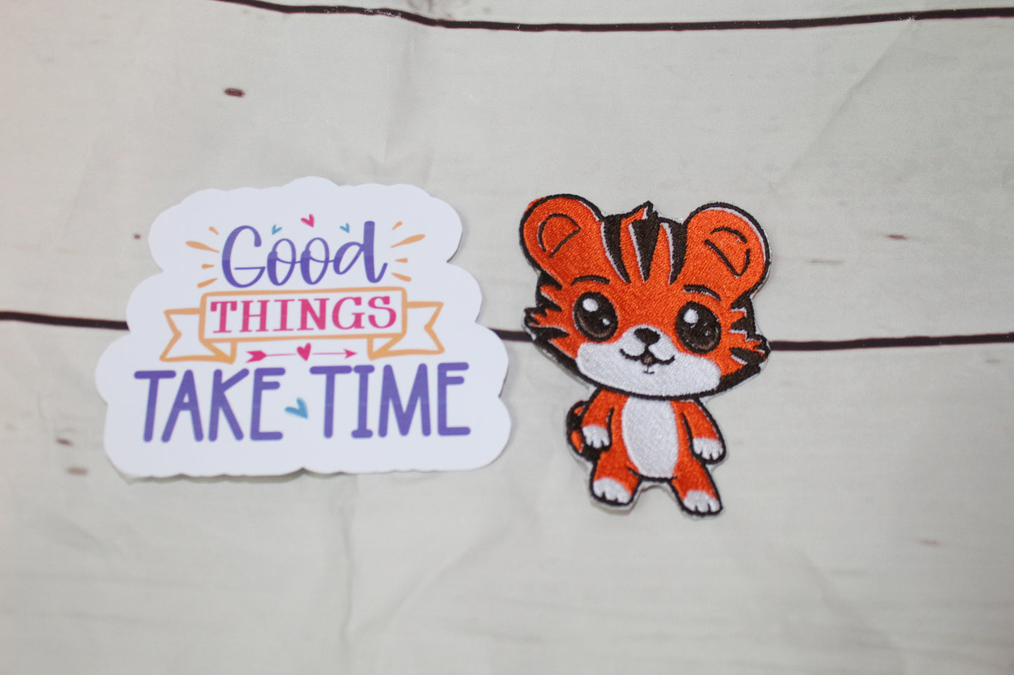 Kawaii Tiger Patch & Motivational Quote Sticker Bundle | Cute Iron-On Patches & Inspirational Stickers