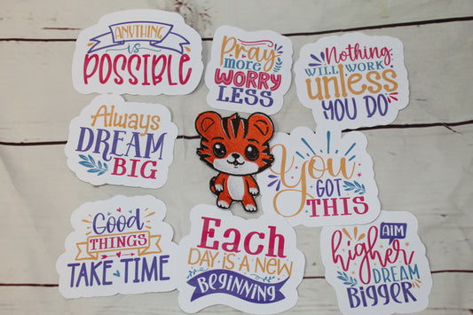 Kawaii Tiger Patch & Motivational Quote Sticker Bundle | Cute Iron-On Patches & Inspirational Stickers