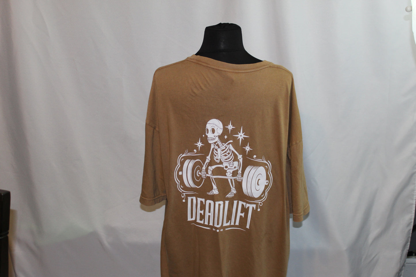 Pre-order AI-Inspired Gym T-Shirt – Weightlifting Skeleton Back Print + Motivational Chest Embroidery | Vintage Wash Unisex Tee